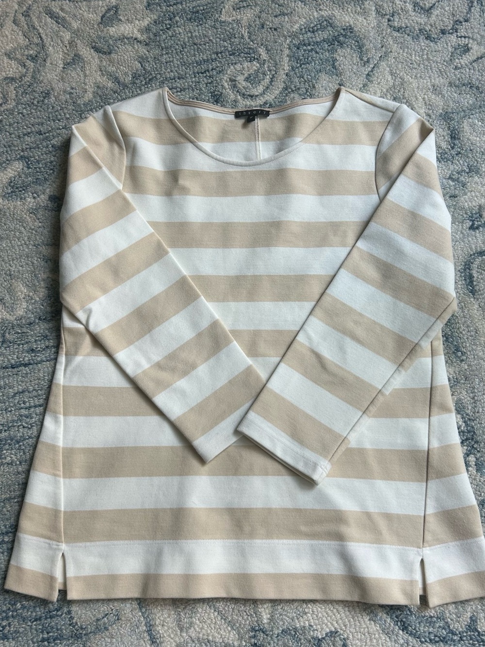 Theory Striped Long-Sleeve Boatneck Top in Cream & White M